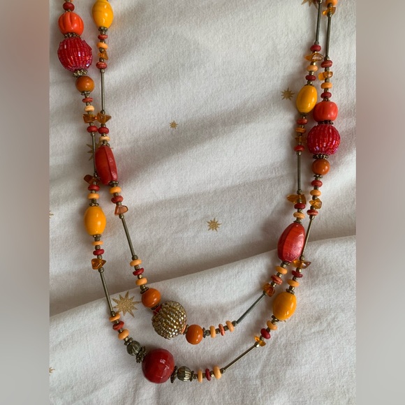 Double string Long necklace w orange and red beads - Picture 3 of 10